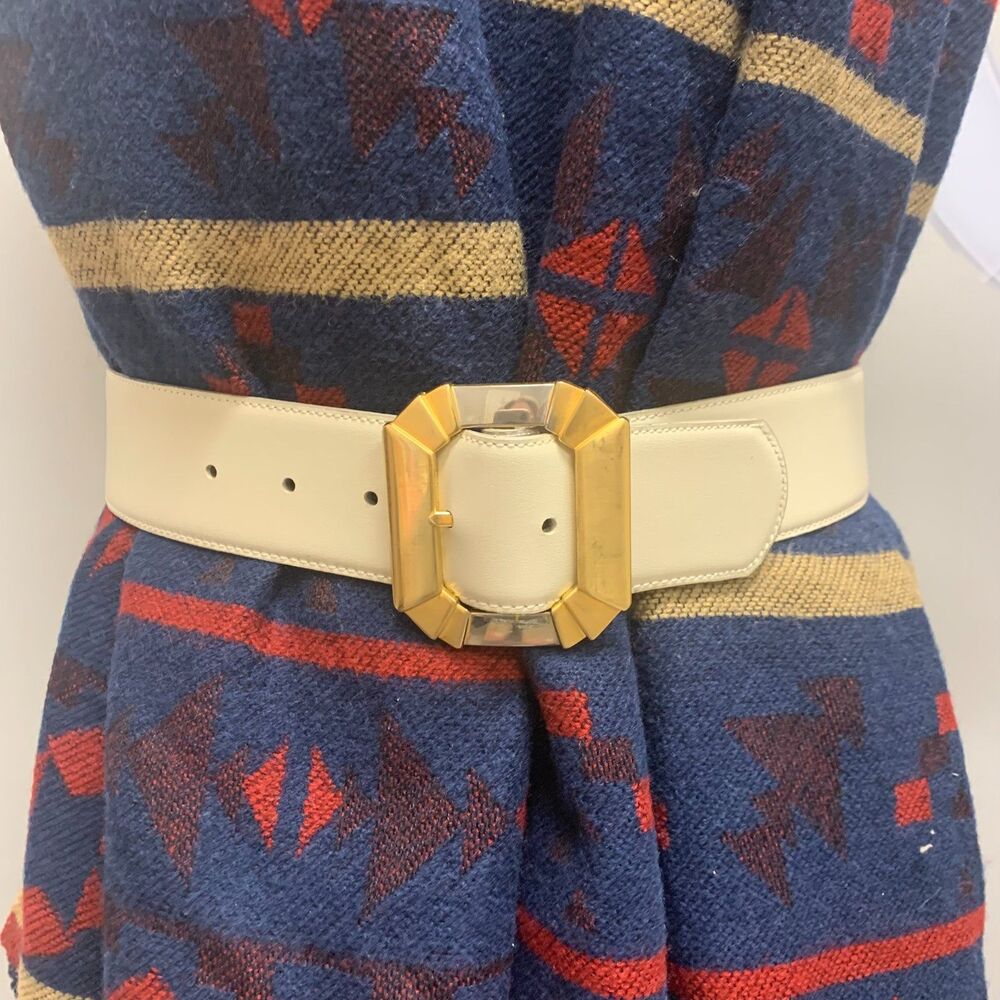 Vintage Retro Cream Leather Art Deco Belt Gold Silver Buckle Art‎ to Wear Medium